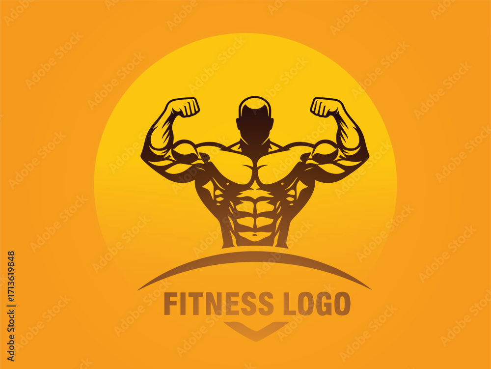 Obraz premium A stylized illustration of a muscular bodybuilder flexing his biceps, set against a vibrant orange background with a sun-like circle.