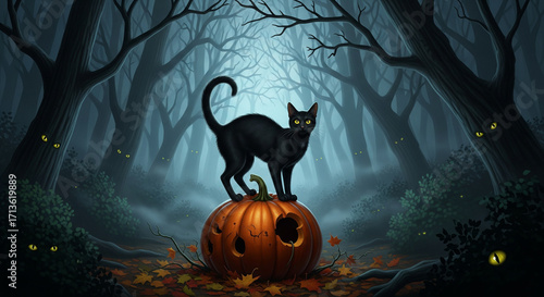 Cat with arched back and raised tail, standing on a pumpkin, dark forest with mist 