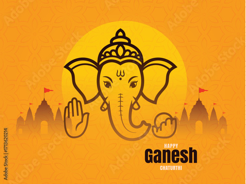 Lord ganesh elephant head deity with temple silhouettes