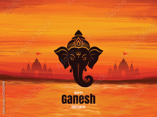 Lord ganesh elephant head deity with temple silhouettes