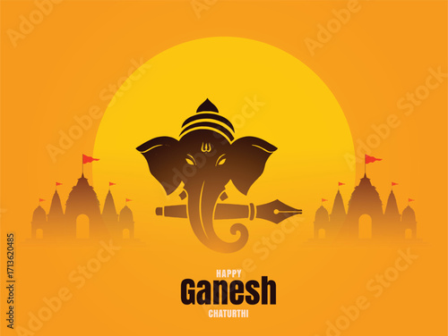 Lord ganesh elephant head deity with temple silhouettes