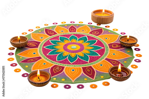 beautiful indian rangoli with oil lamps festive decoration inspiration
