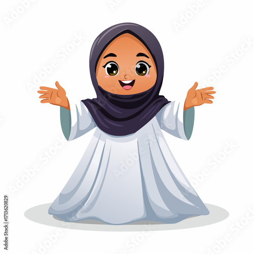 A smiling cartoon girl wearing hijab standing with open arms, isolated