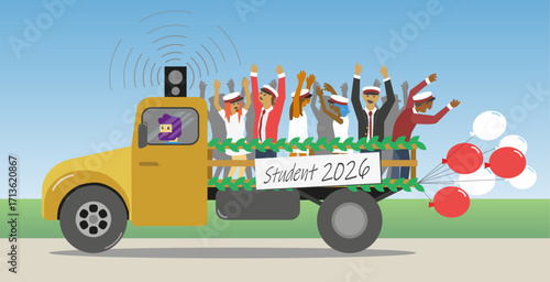 Young danish students celebrating graduation. End of the studies at Gymnasium. Traditional ride, dancing and screaming in the back of a truck bed. Vector Illustration