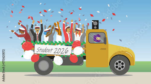 Young danish students celebrating graduation. End of the studies at Gymnasium. Traditional ride, dancing and screaming in the back of a truck bed. Vector Illustration