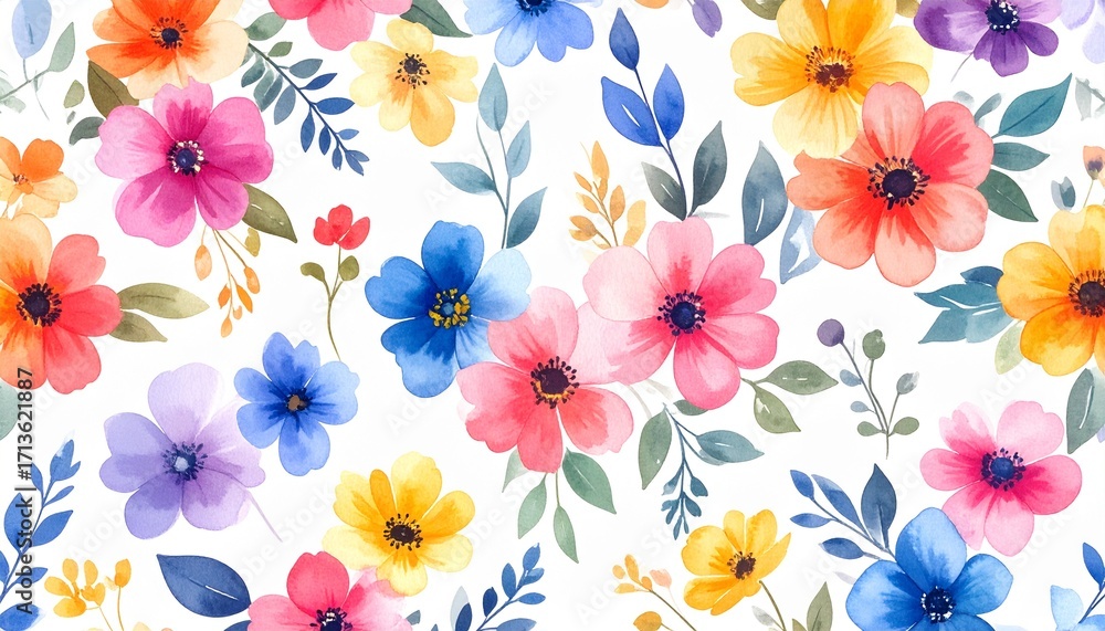 Fototapeta premium Vibrant Watercolor Floral Seamless Pattern with Colorful Flowers.