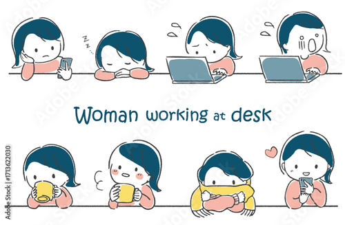 手描き　デスクワーク中の女性のいろいろな動きと表情セット