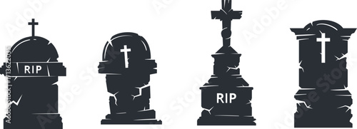 Cemetery creepy gravestones. Halloween tombstones with crosses, horror halloween grave stones silhouettes flat vector illustration set. Cartoon spooky gravestones