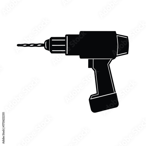 Minimalist black silhouette of a drill on white background
