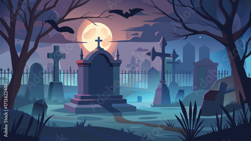 Spooky graveyard vector with tombstones, bats and full moon night for Halloween background and horror illustration design