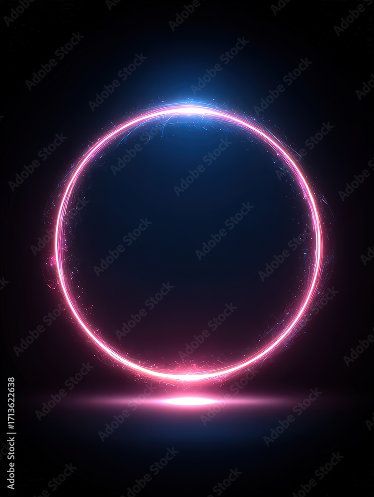 Obraz premium A vibrant, glowing circular shape with a gradient of pink and blue hues against a dark background, ideal for tech ads, digital art, or abstract designs, This image conveys modernity and energy,