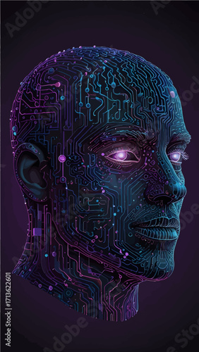 Digital art illustration of a human head and face with a binary code brain model and skull
