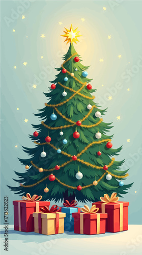 A vibrant Christmas tree decorated with ornaments and a star, surrounded by colorful gifts and presents