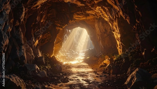 A sunlit cave passage reveals a path through the earth, bathed in golden light and shadowed depths.