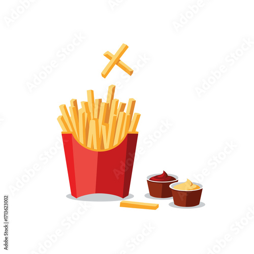 A delicious serving of french fries in a red container with dipping sauces.