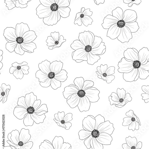 A delicate watercolor pattern of white anemone flowers with fine linework.