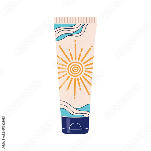 A sun protection lotion tube with a cheerful sun design and blue wave accents.