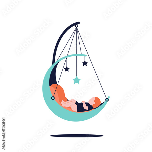A baby sleeps peacefully in a crescent moon swing adorned with stars.
