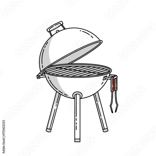An illustration of a charcoal grill with its lid open showing the cooking grate and tongs attached to the side.
