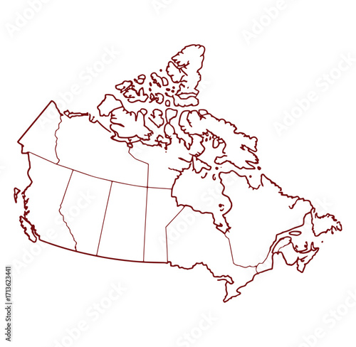 Simple outline of canada showing provinces and territories in maroon color isolated