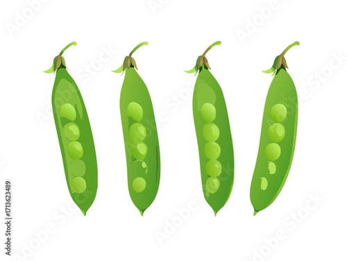 Four fresh green pea pods with peas inside isolated on transparent background