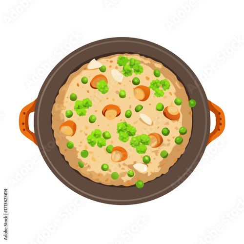 Top view of a paella dish with peas and meat isolated on transparent background
