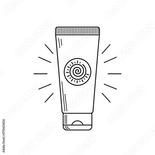 An illustration of a sun protection cream tube emanating radiating lines of sunlight.