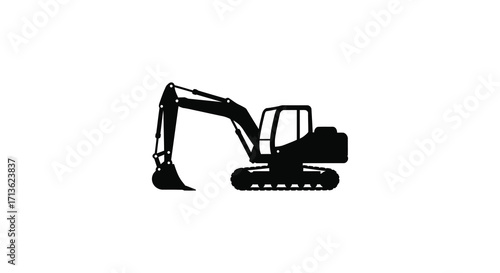 Black silhouette of a heavy duty excavator on a white background