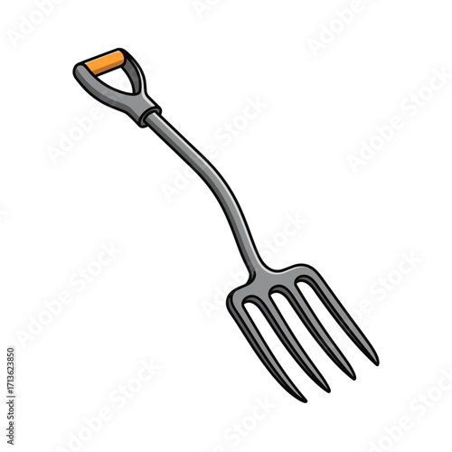A sturdy garden fork with a curved handle and four sharp tines for efficient soil aeration and material turning in outdoor cultivation activities.