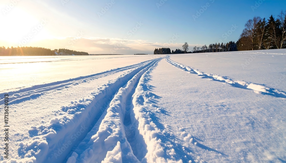 Obraz premium Snowy tracks across a frozen landscape