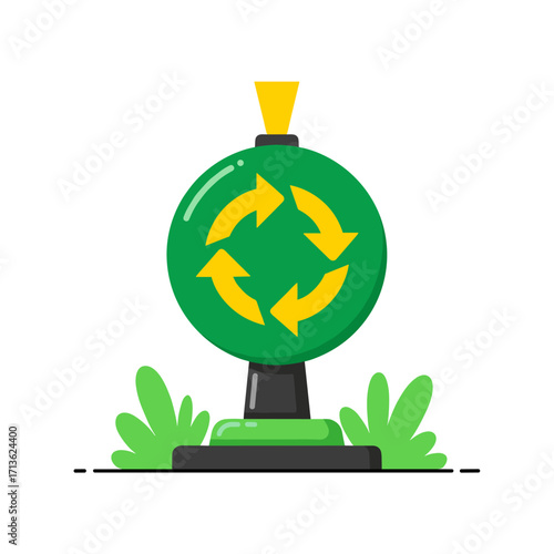 A conceptual illustration depicting a recycling bin with a circular arrow symbol on a white background.