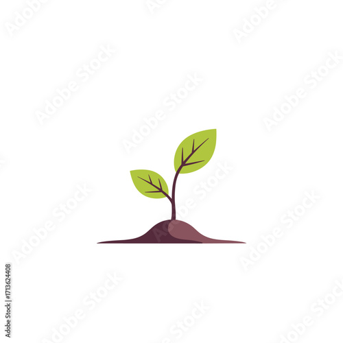 A small green plant sprouts from rich dark soil with two emerging leaves.