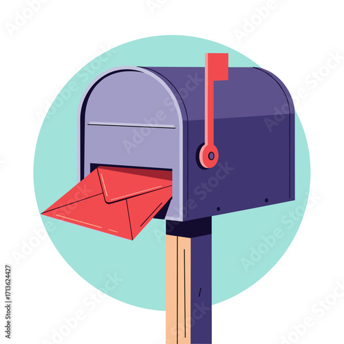 A red envelope is being delivered into a dark blue mailbox on a wooden pole.
