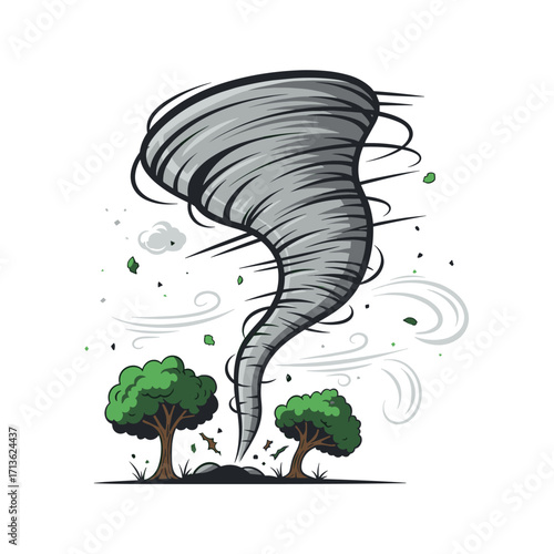 A powerful tornado swirling around trees and debris creating a destructive force of nature.