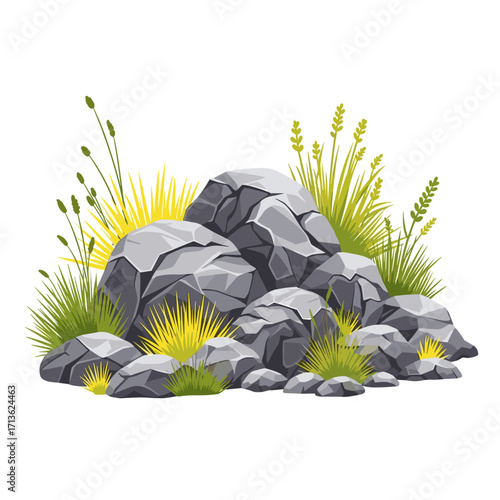 A pile of grey rocks interspersed with bright green grass and yellow grass.