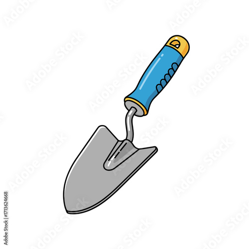A small garden trowel with a blue handle and yellow cap for digging and planting small items.