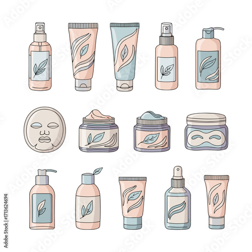 Collection of skincare product packaging with decorative leaf patterns.