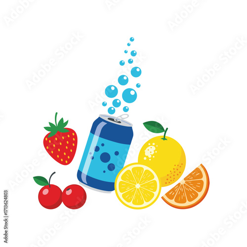 A refreshing can of soda with a mix of assorted fruits like strawberries cherries lemon and orange slices.