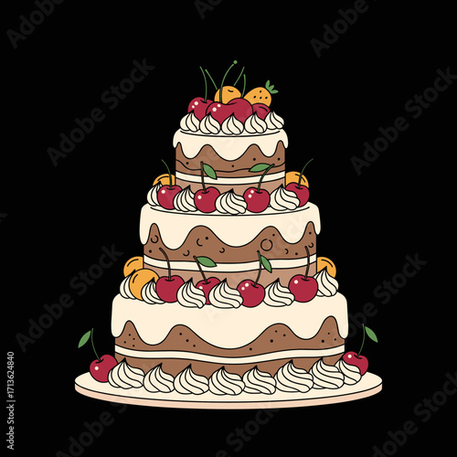 A delicious tiered chocolate cake adorned with fresh cherries and frosting.