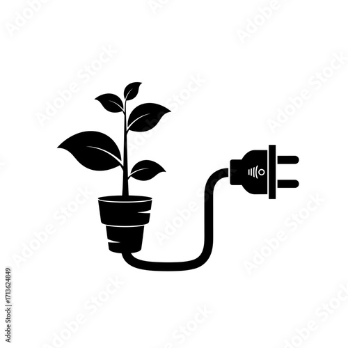 The growing plant connected to an electrical plug symbolizing sustainable energy.