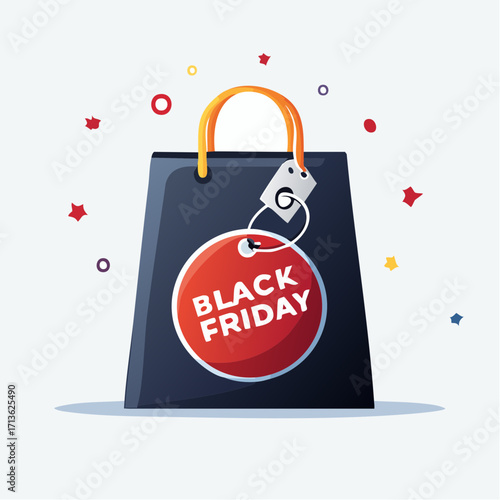 Black Friday Sale Illustration Shopping Bag with Discount Tag, Celebration, and Vector Graphics