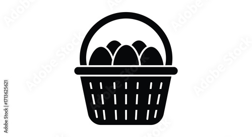 Simple black and white illustration of a woven basket filled with eggs