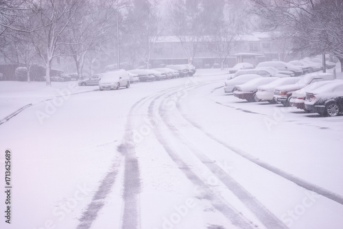 Εκτύπωση καμβά residential district and street in blizzard