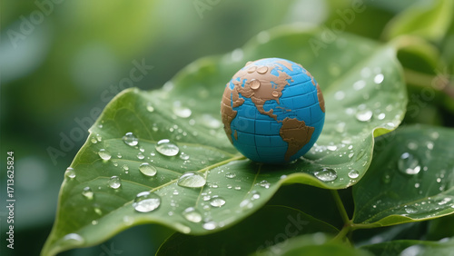 Miniature Earth Globe Resting on a Fresh Green Leaf with Water Droplets Environmental Conservation