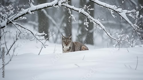 Lynx resting amid snowladen branches