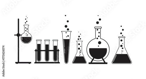 Simple black and white illustration of various laboratory glassware designs