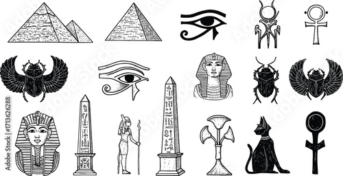 Ancient Egyptian symbols vector set with pyramids, Eye of Horus, ankh, scarab beetle, pharaoh mask, obelisk, deity, and cat illustrationv