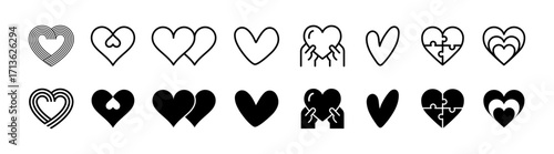 Heart icon set. Different shapes for peace and love symbol, friendship or partnership logo, Valentine's Day, medicine concept sign and more. Vector illustration.