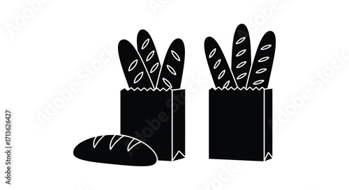 Black and white illustration of baguettes in paper bags and a loaf