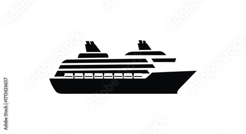 A simple black silhouette of a large cruise ship on a white background